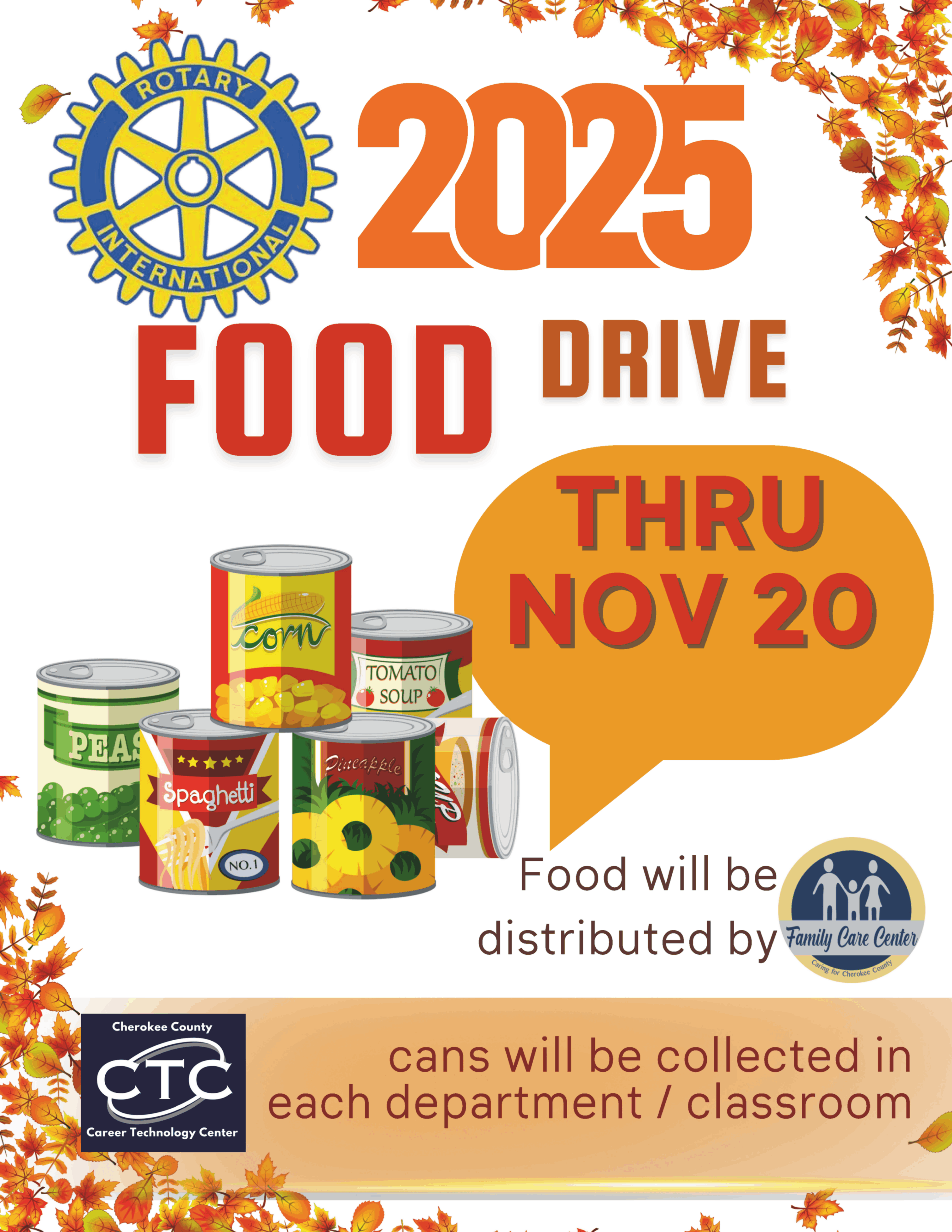 2025 fall canned food drive flyer cans due nov 20 sponsored by Rotary Club and distributed by Family Care Center